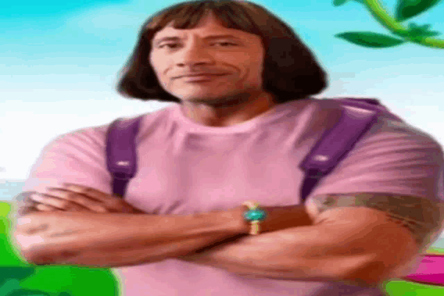a man with a purple backpack is standing with his arms crossed .