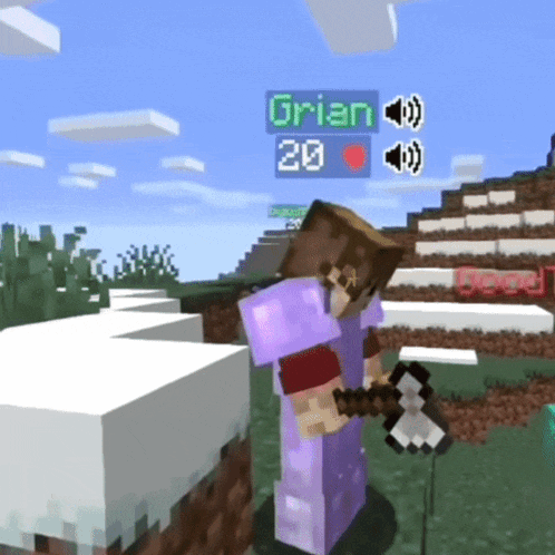 a person in a purple outfit is holding an axe in a video game with the name grian on the screen