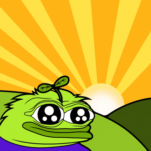 a cartoon of a green frog with a plant growing out of it 's head