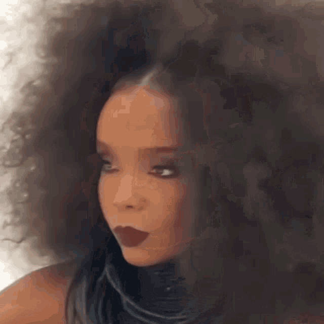 a close up of a woman 's face with a very large afro .