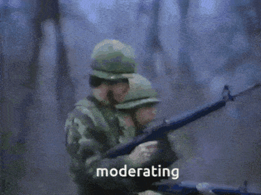 two soldiers are holding guns and the word moderating is visible