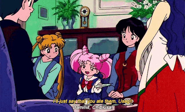a group of cartoon characters are sitting on a couch and one of them says " i 'll just say that you ate them
