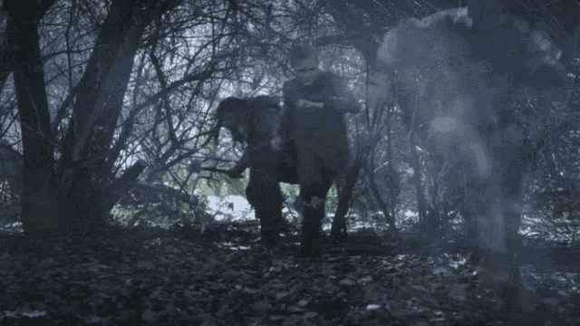 a group of people standing in a dark forest with smoke coming out of the trees