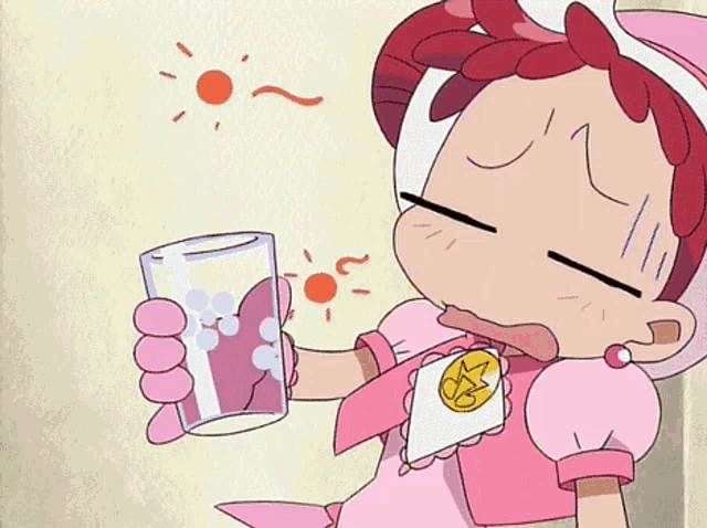 a cartoon character is holding a glass of water