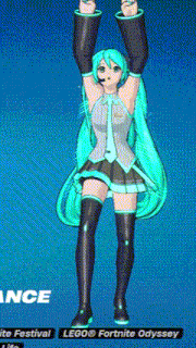 hatsune miku is dancing in a video game with her arms in the air