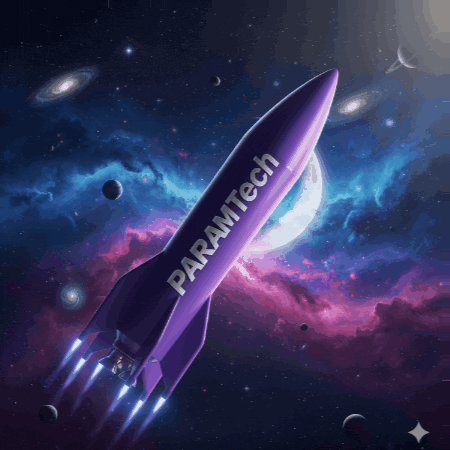 a purple rocket with paramtech written on it