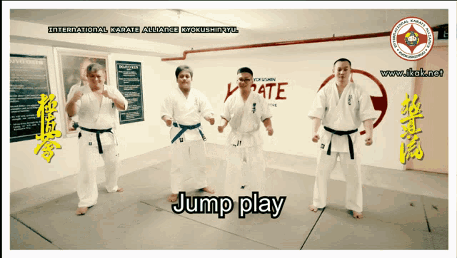 a group of men in karate uniforms are standing in a room with the words jump play written on the bottom