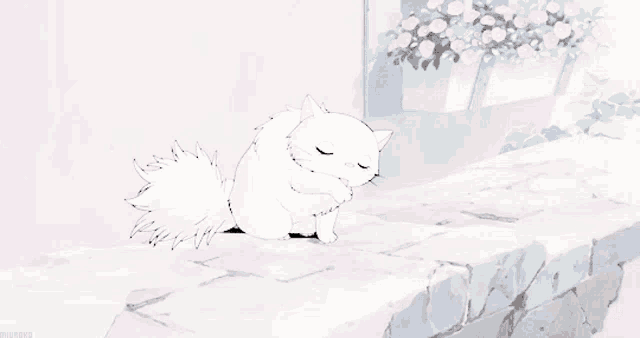 a white cat is sitting on a stone wall with its eyes closed .