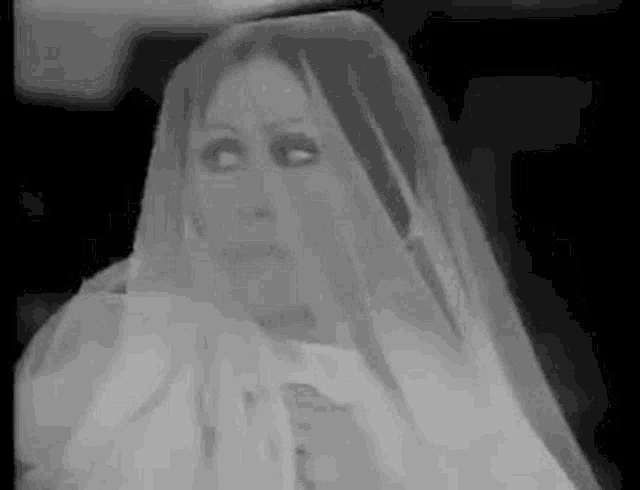 a black and white photo of a woman in a veil .
