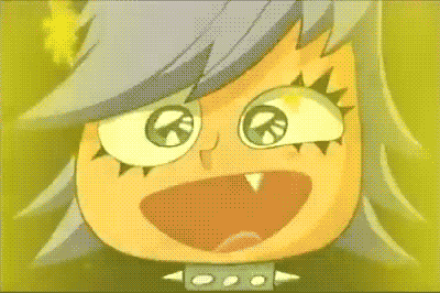 a close up of a cartoon character with spikes on her collar