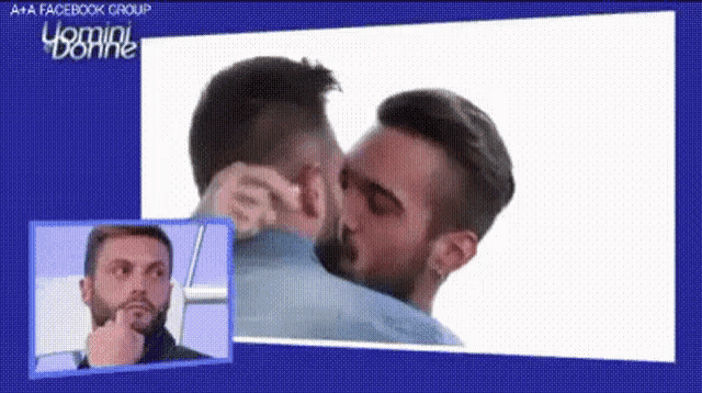 a couple of men hugging each other with a facebook group logo in the corner