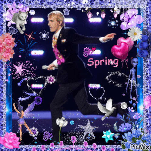 a picture of a man holding a microphone with the words spring written on it