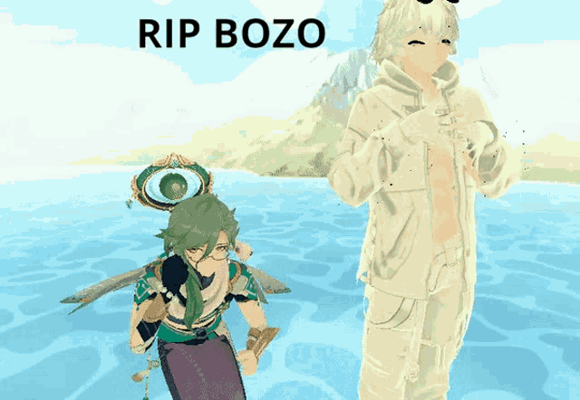 a video game character is standing next to another character with the words rip bozo above them