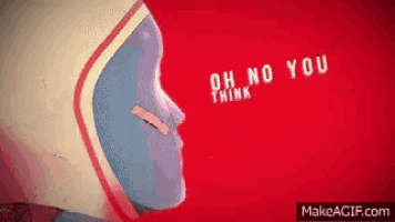 a robot with a helmet on says oh no you think on a red background