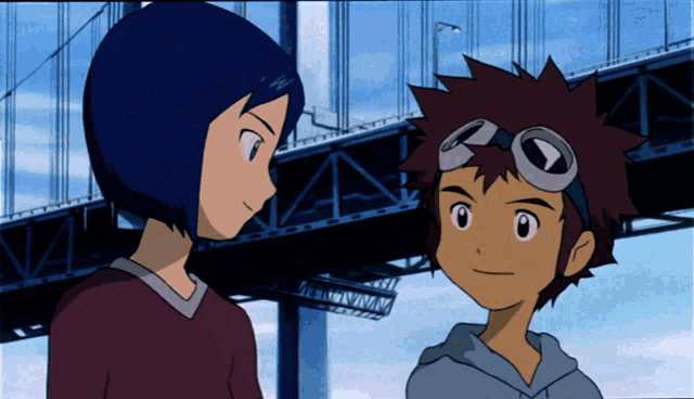 a couple of cartoon characters standing next to each other with a bridge in the background