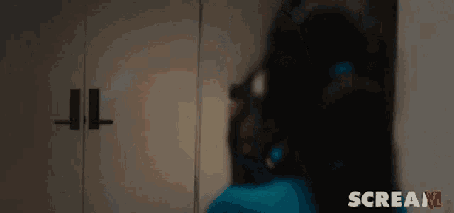 a person standing in front of a door with the word scream written on the bottom