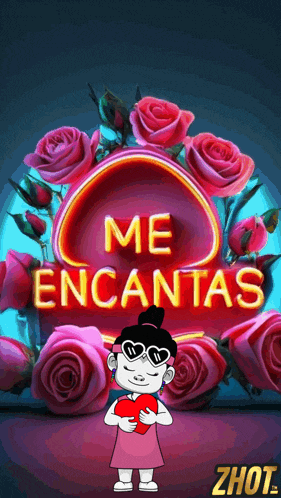 a girl is holding a heart in front of a neon sign that says me encantas
