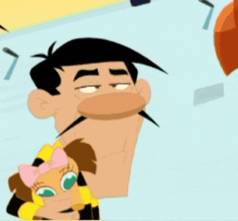 a cartoon of a man holding a little girl with a bow on her head