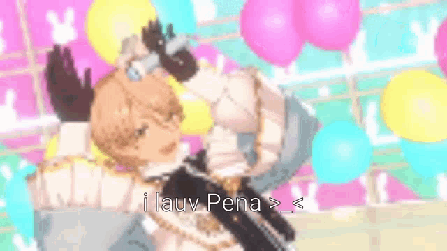 a pixel art of a person standing in front of balloons with the words `` i lauv pena '' written on the bottom .