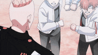 a group of anime characters standing next to each other with one of them wearing a jacket with the letter a on it