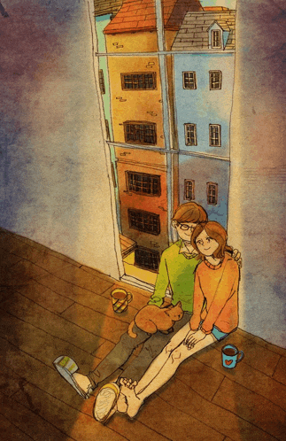 a drawing of a man and woman sitting in front of a window with a cat