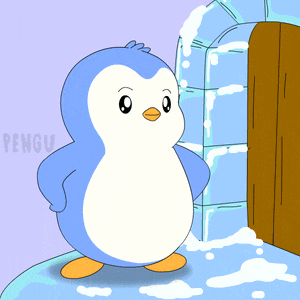 a penguin is standing in front of an igloo with the word pengu on the bottom right
