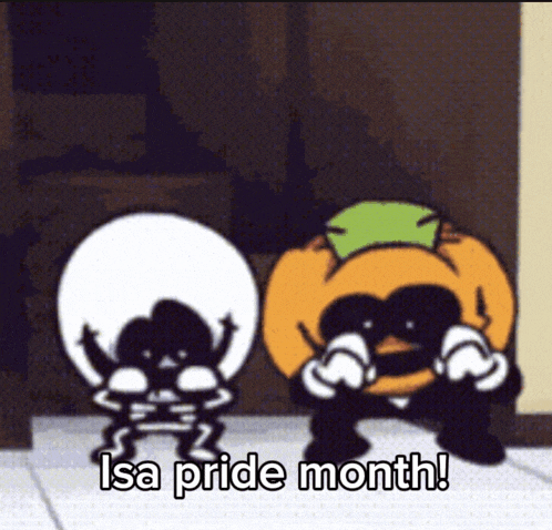 two cartoon characters are standing next to each other with the words isa pride month