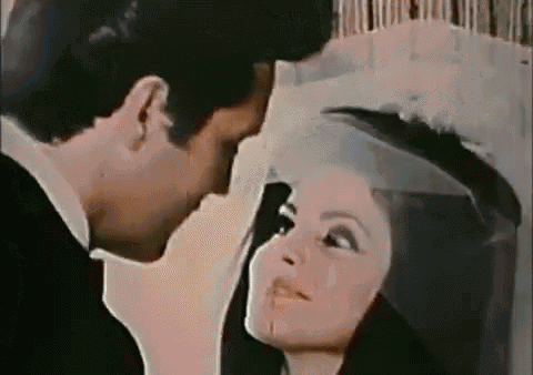a man and a woman are kissing each other on their wedding day . the woman is wearing a veil .