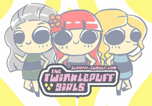 a drawing of the twinklepuff girls with a yellow background