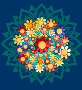 a circle of colorful flowers on a dark blue background