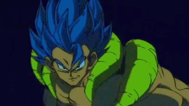 a cartoon character with blue hair and green arms is standing in the dark .