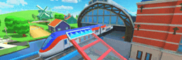 a train is going under a bridge in a video game .
