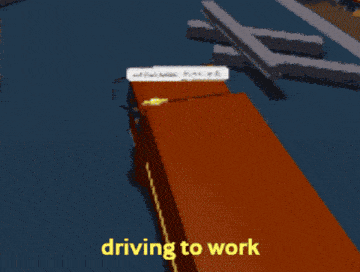 a red truck is driving down a road with the words " driving to work " above it