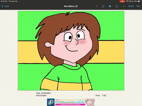 a drawing of a boy in a green and yellow striped shirt