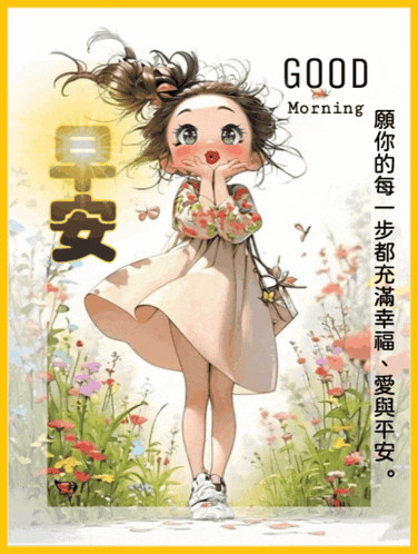 a cartoon of a girl with the words good morning in chinese