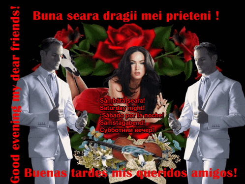 a picture of two men and a woman with the words " buna seara dragii mei prieteni "