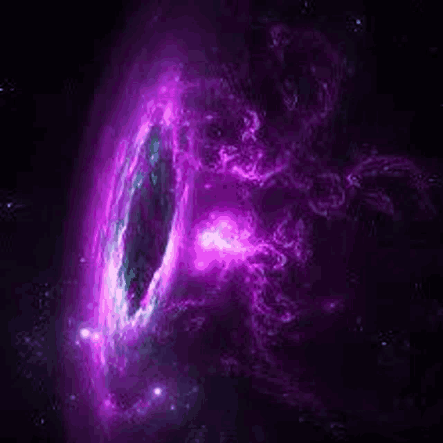 a purple galaxy with a black hole in the middle of it in space .