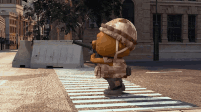 a cartoon character in a military uniform is crossing a crosswalk