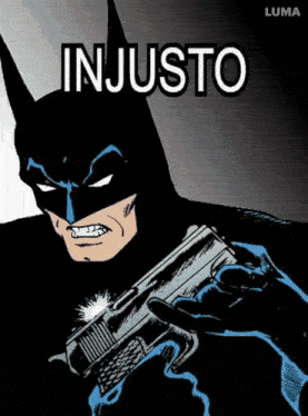 a comic book drawing of batman holding a gun with the word injusto on the bottom