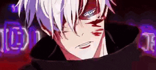 a close up of a person 's face with blood on it and a purple background .