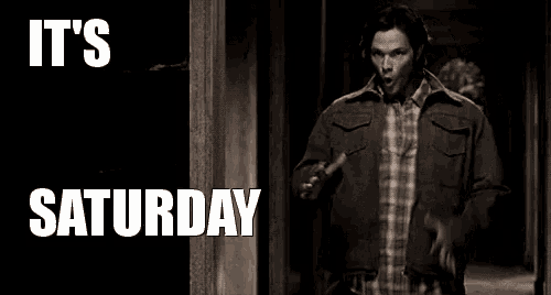 a black and white photo of a man with the words it 's saturday above him