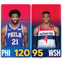 philadelphia and washington wizards basketball players on a red and blue background