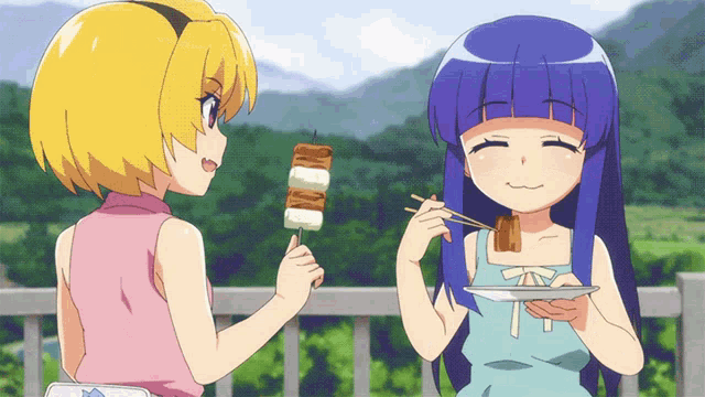 a girl with blue hair is holding a plate of food