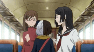 a group of three anime girls are standing next to each other on a train .