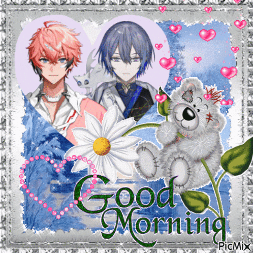 a good morning greeting card with a teddy bear and two anime characters