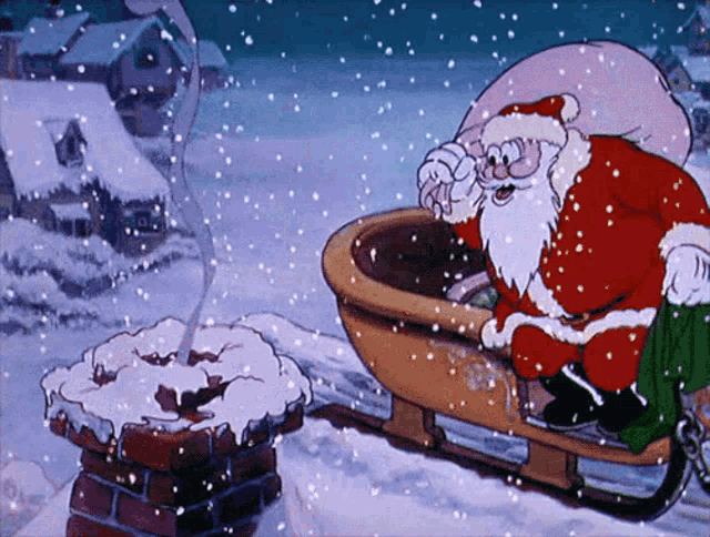 a cartoon of santa claus in a sleigh with a bag of gifts