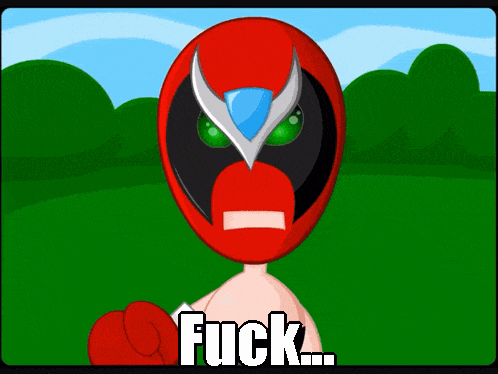 a cartoon character wearing red boxing gloves says offfff