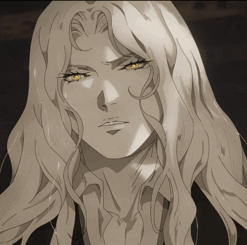 a woman with long white hair and yellow eyes