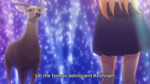 a girl standing next to a deer with the words " i 'm the former delinquent koshitan "