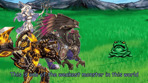 a video game screen says this is one of the weakest monster in this world with a frog in the foreground